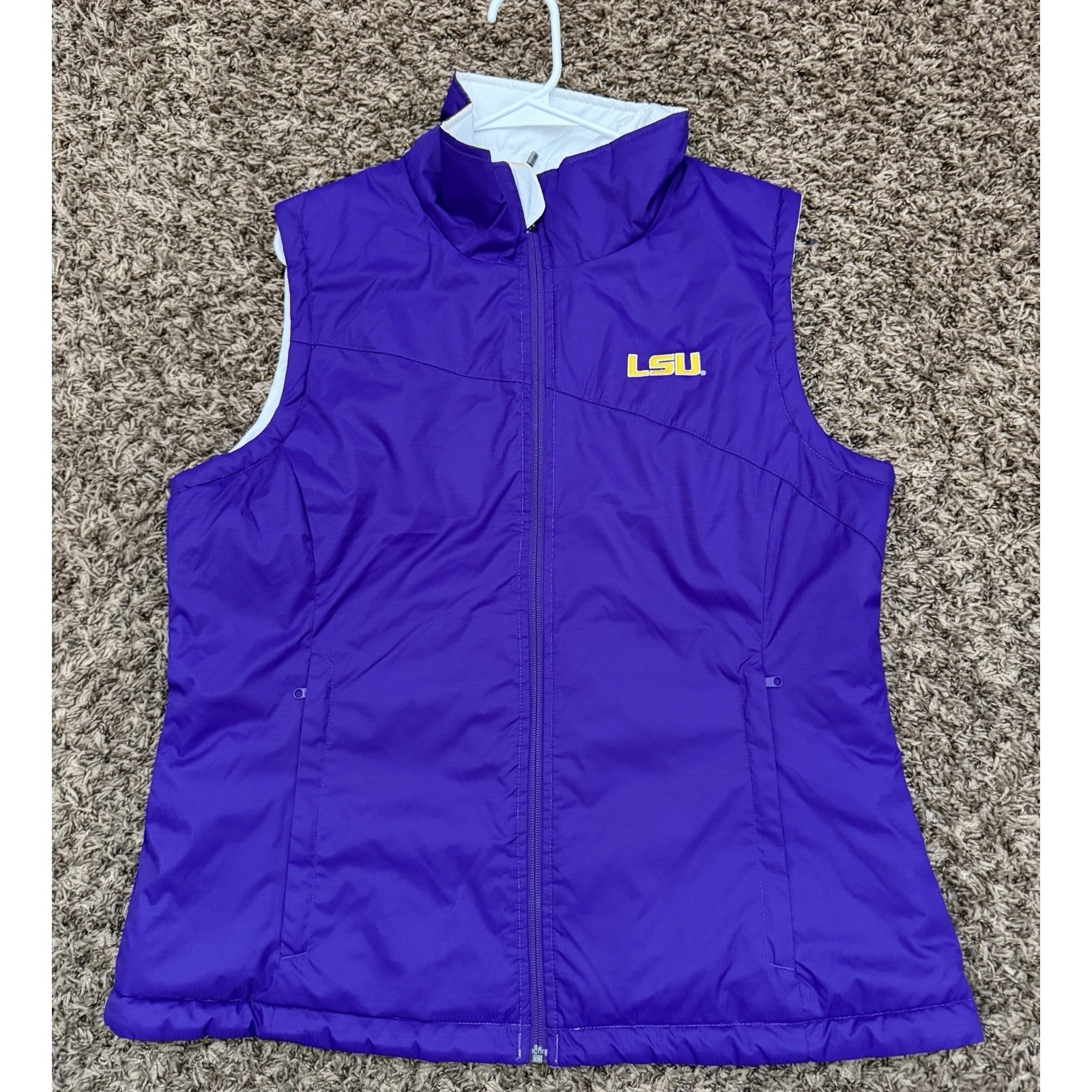 Columbia Lsu Tigers Puffer Vest Purple White Reversible Pockets Womens Sz Xl